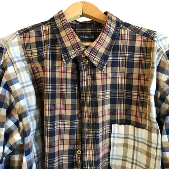 Mixed Print Button-Down Shirt, M-L: Upcycled Boho Patchwork Top, Autumn Colors - Picture 4 of 12